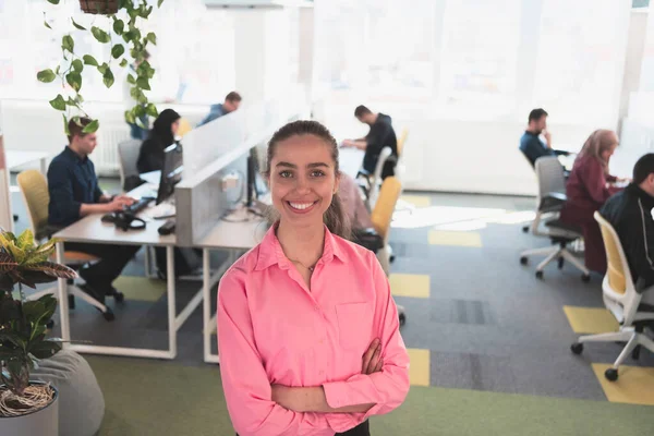 年轻微笑的女商人在创意开放空间合作创业办公室的画像 现代办公室成功的女商人 背景工作的同事团队 高质量的照片 — 图库照片