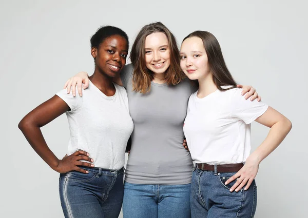 Diverse multi nation female group, african-american and caucasian teenage friends company — 스톡 사진