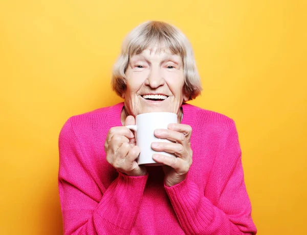 Old Excited Lady Smiling Laughing Holding Cup Drinking Coffee Tea — Stock Photo, Image