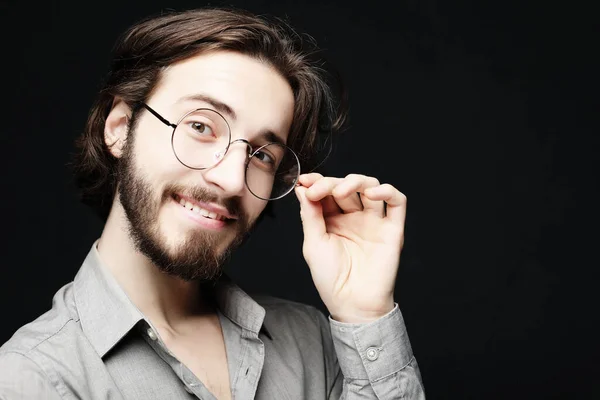 Young Man Wearing Eyeglasses Black Background Lifestyle Concept Close — Stock Photo, Image