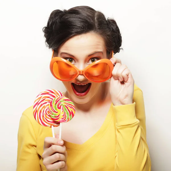 Lifestyle People Party Concept Funny Woman Wearing Big Orange Glasses — Stock Photo, Image