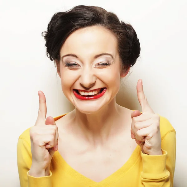 Lifestyle People Emotional Concept Happy Young Woman Showing Thumb Sign — Stock Photo, Image