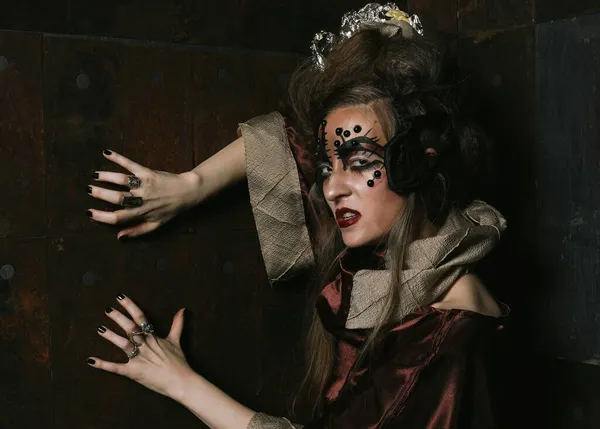 Femme Steampunk Élégant Agressif Dans Intérieur Créatif Fête Halloween Concept — Photo