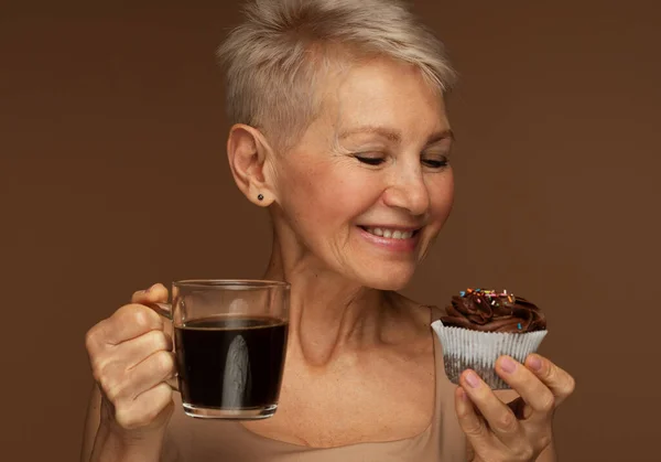 Vejez Comida Bebida Concepto Gente Feliz Sonriente Mujer Mayor Con —  Fotos de Stock