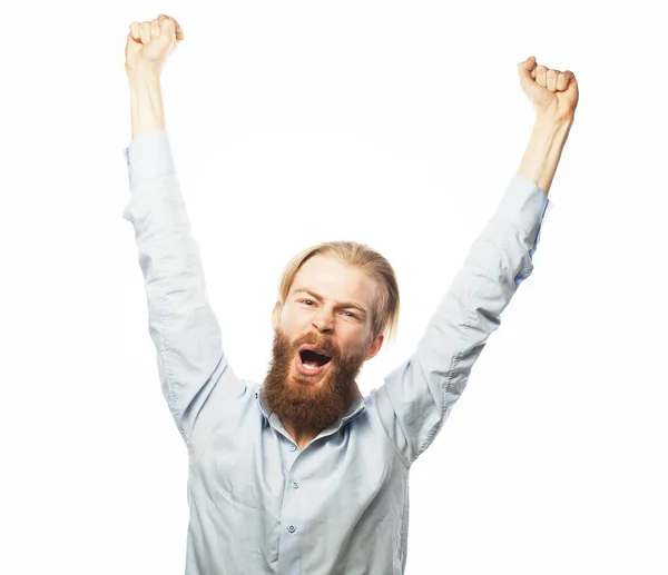 ライフスタイル幸福と人々の概念:若いポジティブなひげを生やした男が手を挙げて叫び — ストック写真