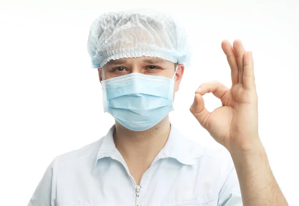 Happy European Male Doctor Showing Gesture Young Man Wearing White —  Fotos de Stock