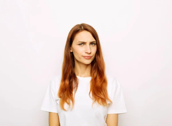 Young Beautiful Redhead Woman Wearing White Shirt White Background Skeptic — Stock Photo, Image