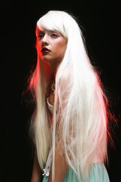Close Portrait Young Woman Bright Make Long White Hair Black — Stock Photo, Image