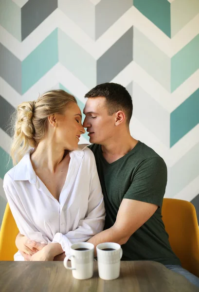 Lifestyle People Concept Young Happy Lovely Couple Have Breakfast Early — Stock Photo, Image