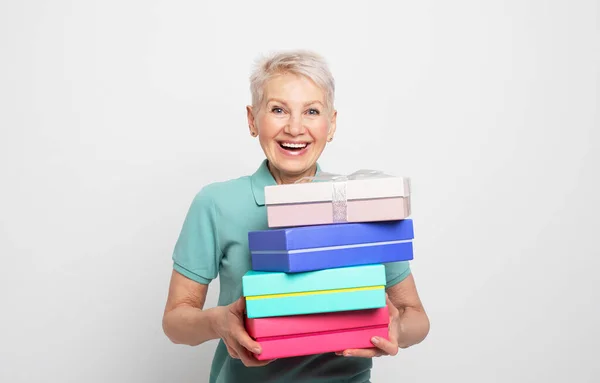 Elderly Smiling Happy Caucasian Cheerful Cool Woman 60S Short Hair — Stock Photo, Image