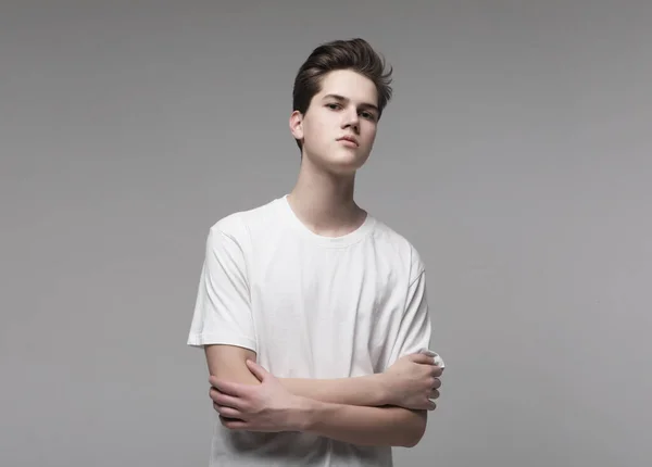 Young Male Model Wearing White Shirt Portrait Grey Background — Stock Photo, Image