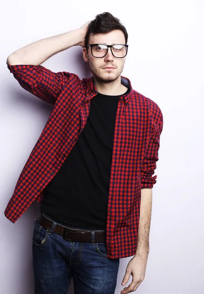 Waist Shot Young Man Wearing Eyeglasses Shirt Looking Camera White — Stock Photo, Image