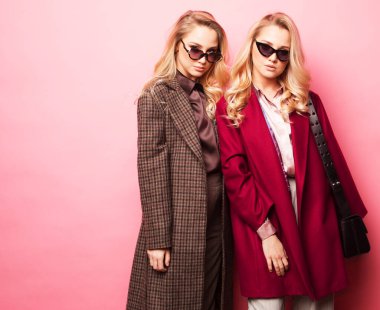 İki kızın olumlu moda portresi, en iyi arkadaşlar pembe arka planda poz veriyorlar kışlık şık bir ceket giyiyorlar. Şık kıyafetler. Kız kardeşler yürüyor..