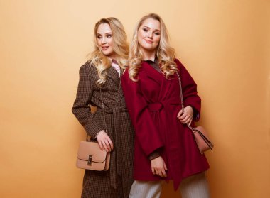 Poz güzel elbiseler, ceket, çanta iki tatlı genç kadın. Kız kardeş, İkizler. Bahar moda fotoğraf.