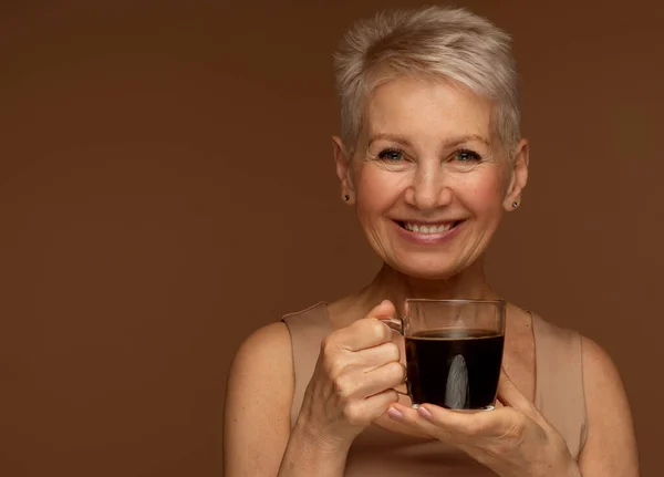 Lifestyle Drink People Concept Old Excited Lady Smiling Laughing Holding — Stock Photo, Image