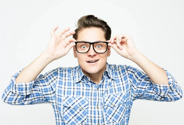 Foto Der Beeindruckten Person Armberührung Brille Offenen Mund Tragen Blau — Stockfoto