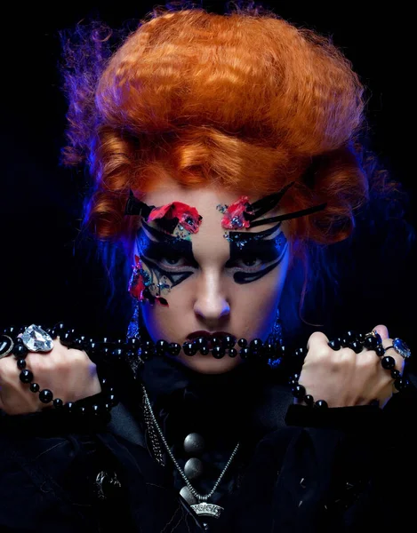 Bruxa Gótica Imagem Halloween Mulher Cabelos Vermelhos Com Maquiagem Brilhante — Fotografia de Stock