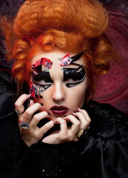 Halloween Party Junge Rothaarige Frau Als Hexe Verkleidet Karneval Make — Stockfoto