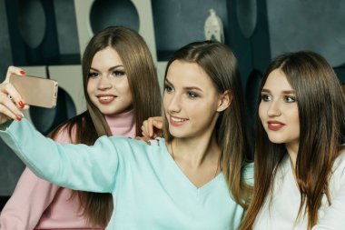 Neşeli kız arkadaşlar eğlenin ve cep telefonuyla selfie çekin, evde..