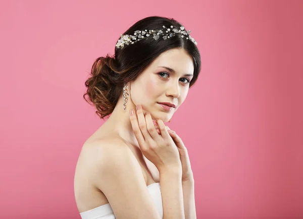 Beautiful Young Bride Elegant Make Fashion Wedding Hairstyle Portrait Young — Stock Photo, Image