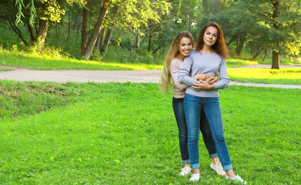 Lifestyle People Concept Mature Mother Adult Daughter Hugging Summer Park — Stock Photo, Image