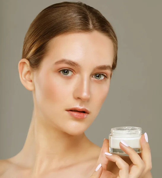 Beautiful Cute Pretty Charming Woman Holding Cream Jar Isolated Grey — Stock Photo, Image