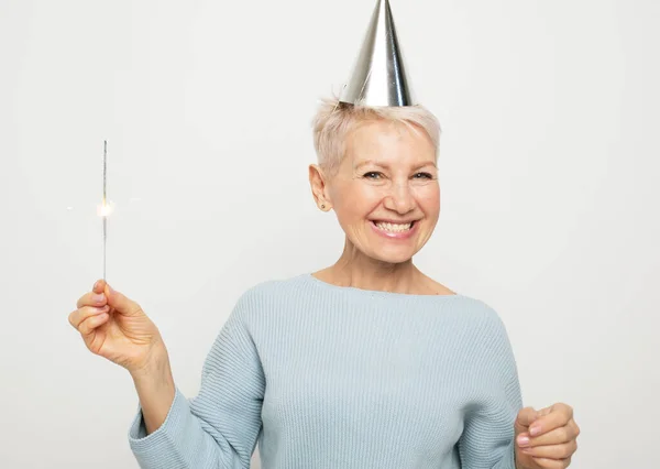 Party Old People Concept Happy Middle Aged Female Wearing Conical — Stock Photo, Image