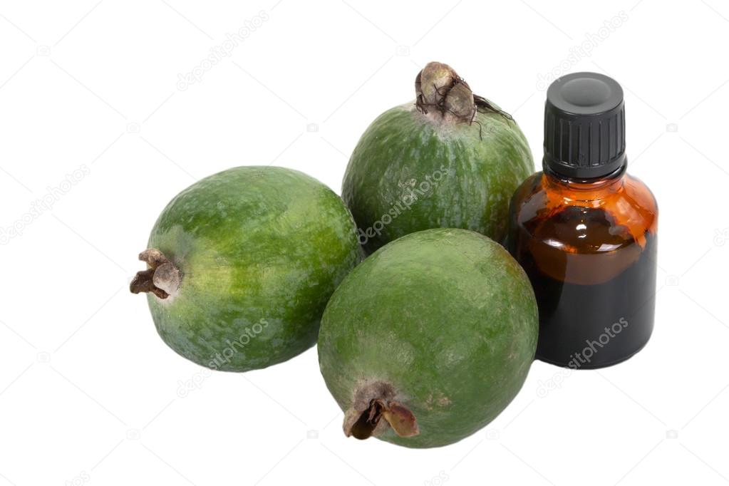 Several feijoa and a bottle of iodine .