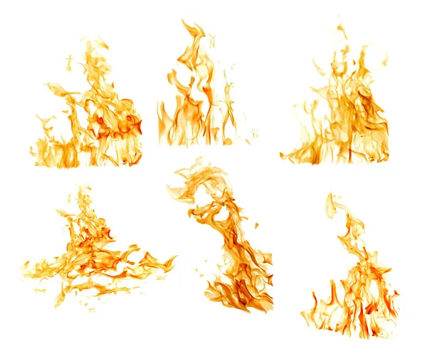 Ensemble de six flammes orange isolées sur blanc — Photo
