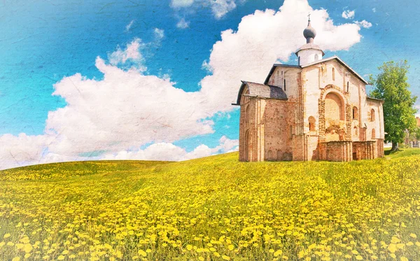 Alte Backsteinkirche auf Grunge-Hintergrund — Stockfoto