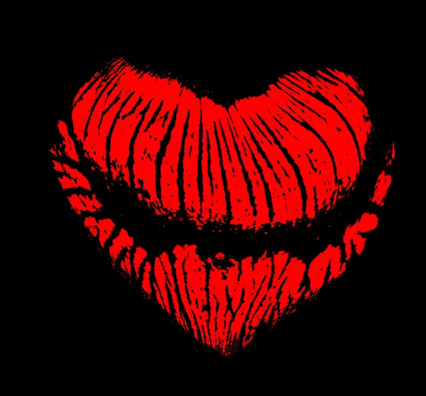 Heart shape red lips imprint isolated on black — Stock Photo, Image