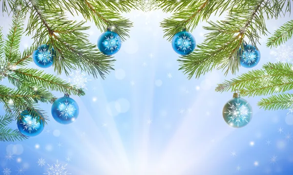 Fir half frame and snowflakes on blue — Stock Photo, Image