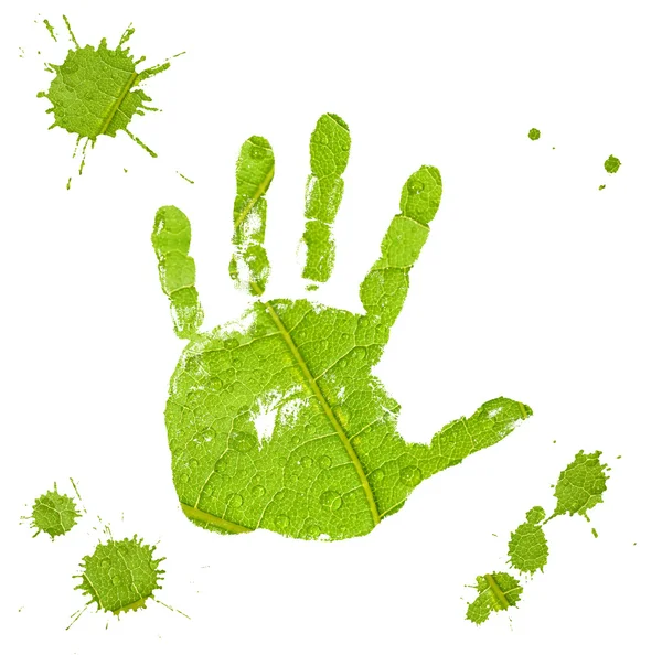 Hand imprint and blots on green leaf background — Stock Photo, Image