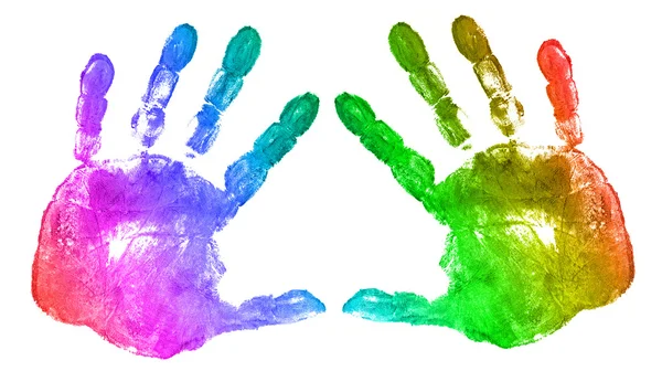 Regenboog hand wordt afgedrukt op wit — Stockfoto
