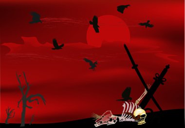 insan kemikleri ve gün batımında kargalar