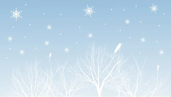 Árboles blancos y aves bajo copos de nieve — Vector de stock