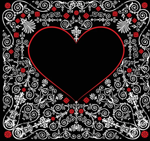 Kırmızı ve beyaz dekore edilmiş kalp şekli çerçeve — Stok Vektör