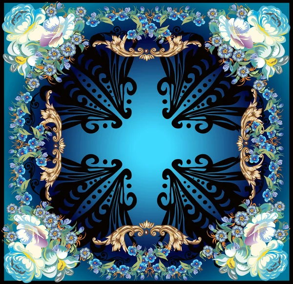 Diseño cuadrado floral simétrico azul — Vector de stock