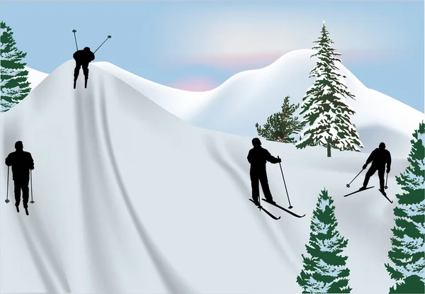 tepelerde kar kayakçı silhouettes