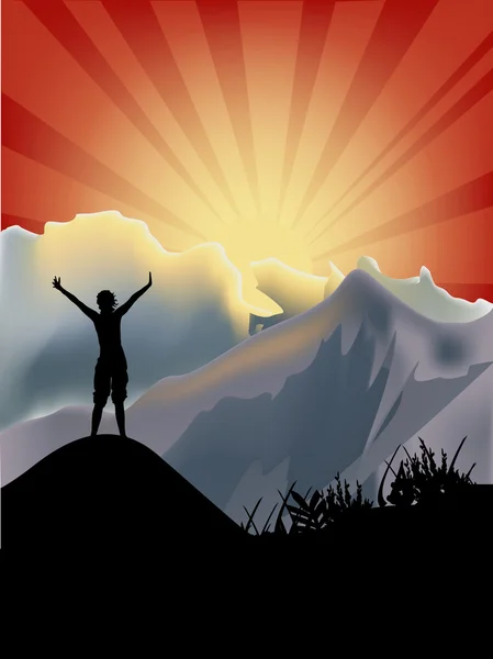 Woman on peak in mountaines at sunset — Stock Vector