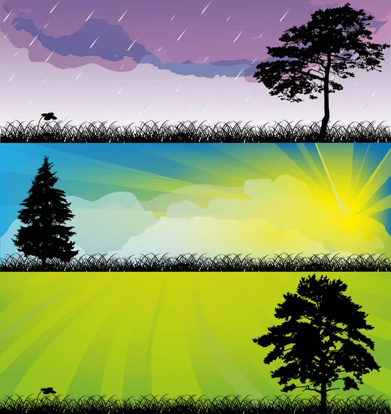 Ensemble de trois paysages avec arbres — Image vectorielle