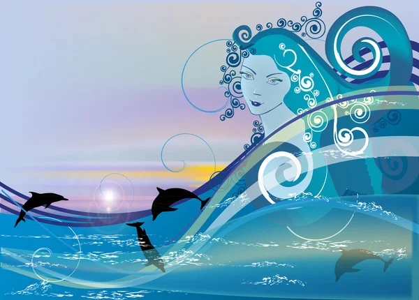 Menina e golfinhos em ondas do mar — Vetor de Stock