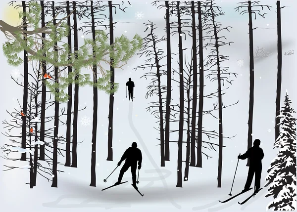 Skieurs silhouette dans la neige hiver forêt — Image vectorielle