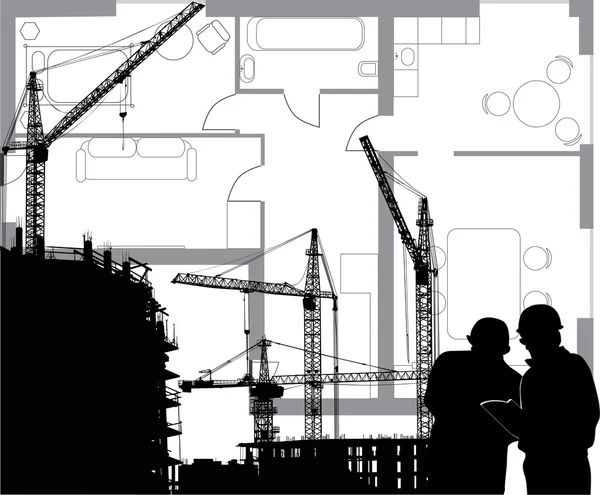 Composition with engineers and cranes — Stock Vector