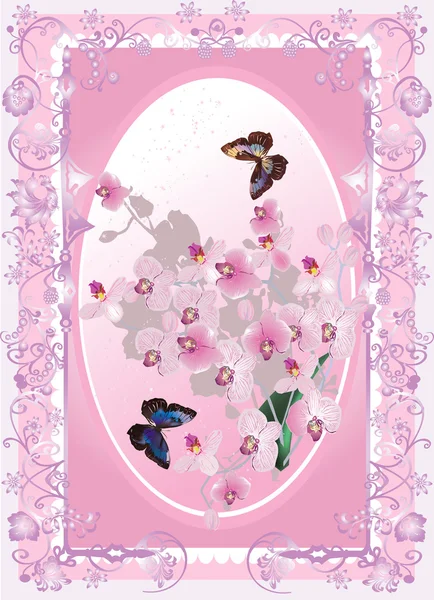 Pink orchids decoration and two dark butterflies — Stock Vector