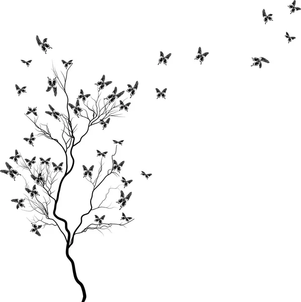 Árbol con mariposas negras — Vector de stock