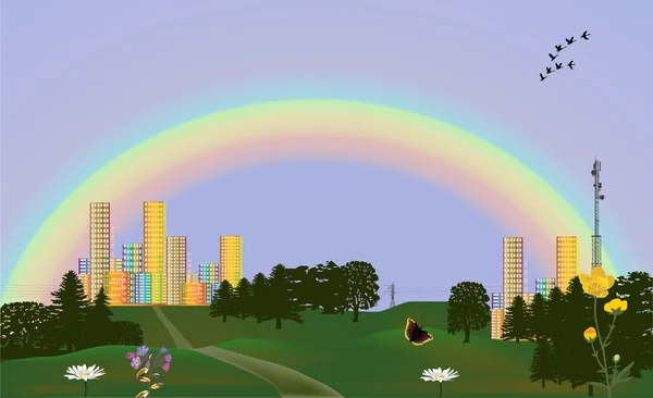 Brigh city and rainbow illustration — Stock Vector