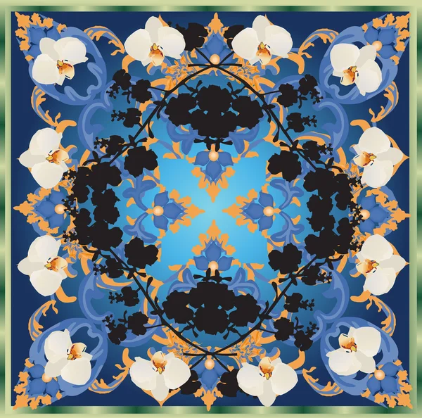 Orquídeas brancas em decoração quadrada azul — Vetor de Stock