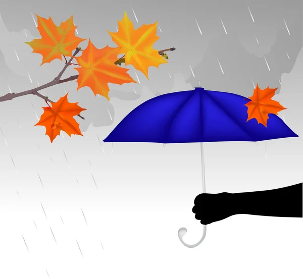 Blue umbrella and red leaves under rain — Stock Vector