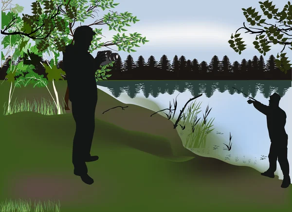 Pêcheur et photographe près du lac — Image vectorielle